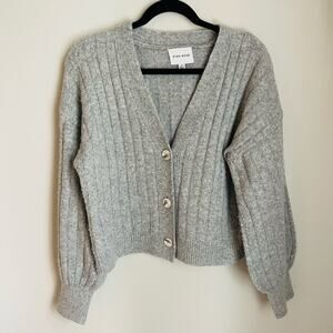 Pink Rose Gray Ribbed Balloon Sleeve Cardigan (S)